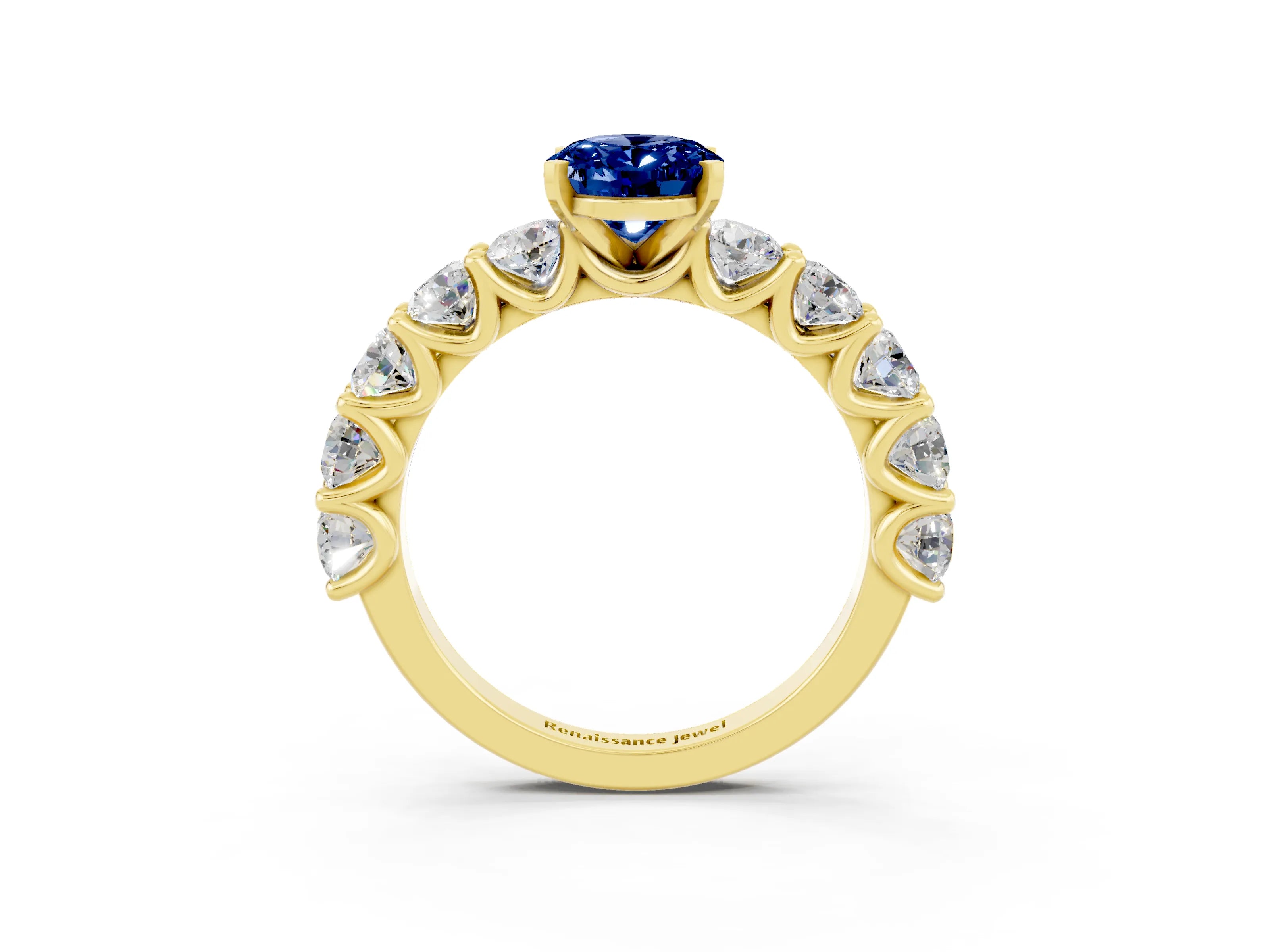 Yellow gold Oval Cut Blue Sapphire Prong Setting with Side Stones on a Pave Band_3
