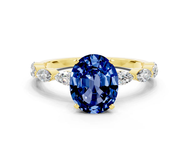 Yellow gold Oval Cut Blue Sapphire Ring with Marquise Side Stones and Prong Setting
