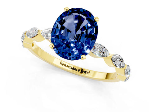 Yellow gold Oval Cut Blue Sapphire Ring with Marquise Side Stones and Prong Setting_1