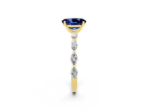Yellow gold Oval Cut Blue Sapphire Ring with Marquise Side Stones and Prong Setting