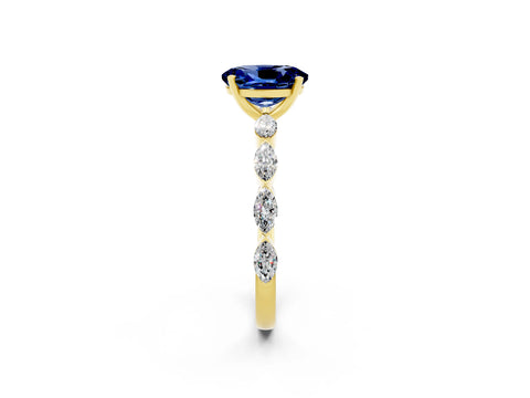 Yellow gold Oval Cut Blue Sapphire Ring with Marquise Side Stones and Prong Setting_2