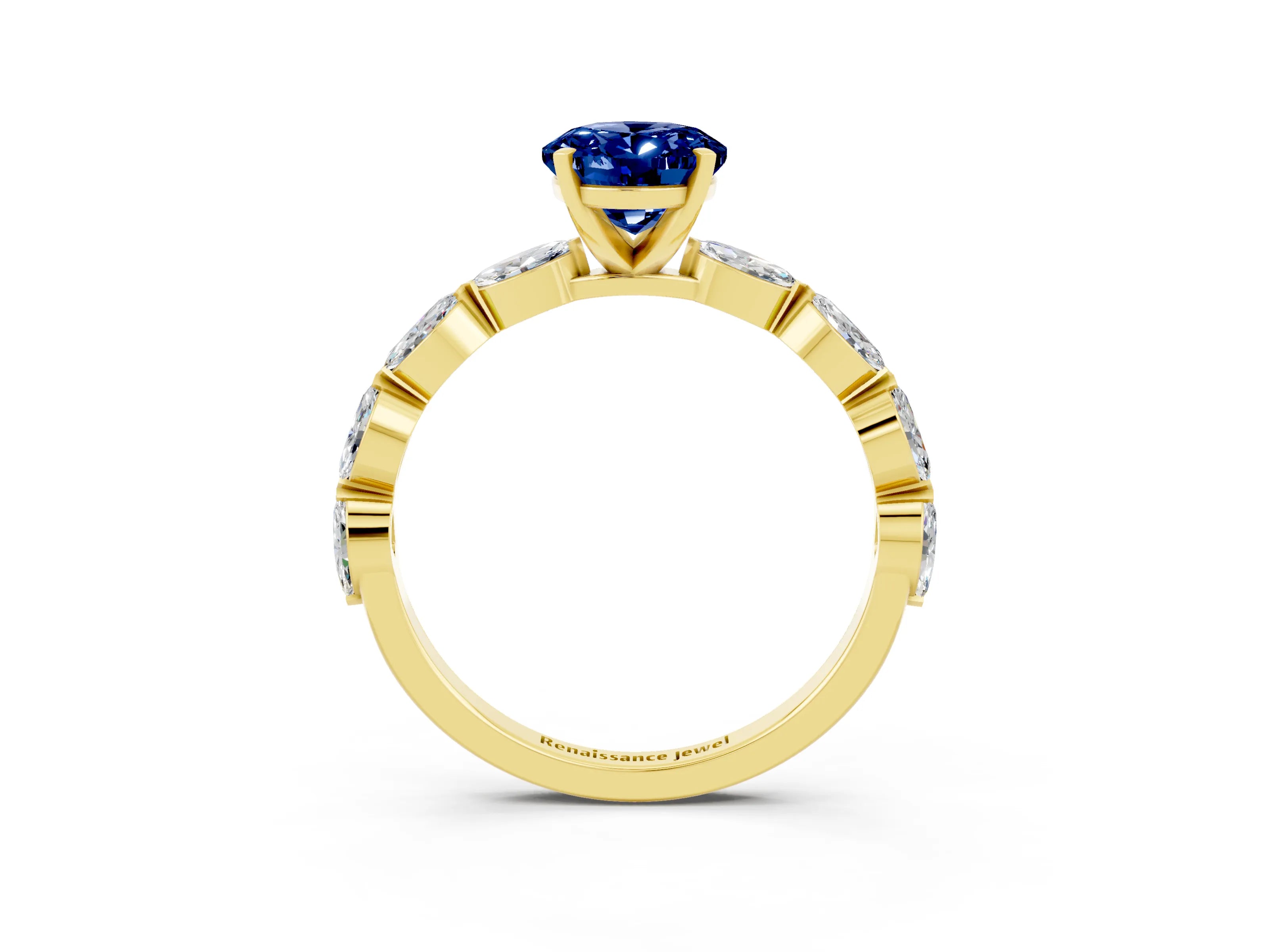 Yellow gold Oval Cut Blue Sapphire Ring with Marquise Side Stones and Prong Setting_3