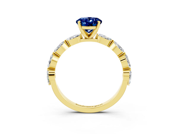 Yellow gold Oval Cut Blue Sapphire Ring with Marquise Side Stones and Prong Setting