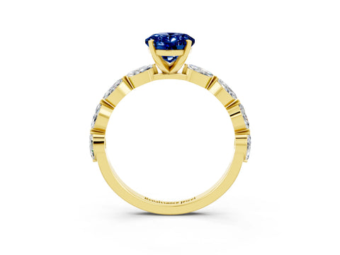 Yellow gold Oval Cut Blue Sapphire Ring with Marquise Side Stones and Prong Setting_3