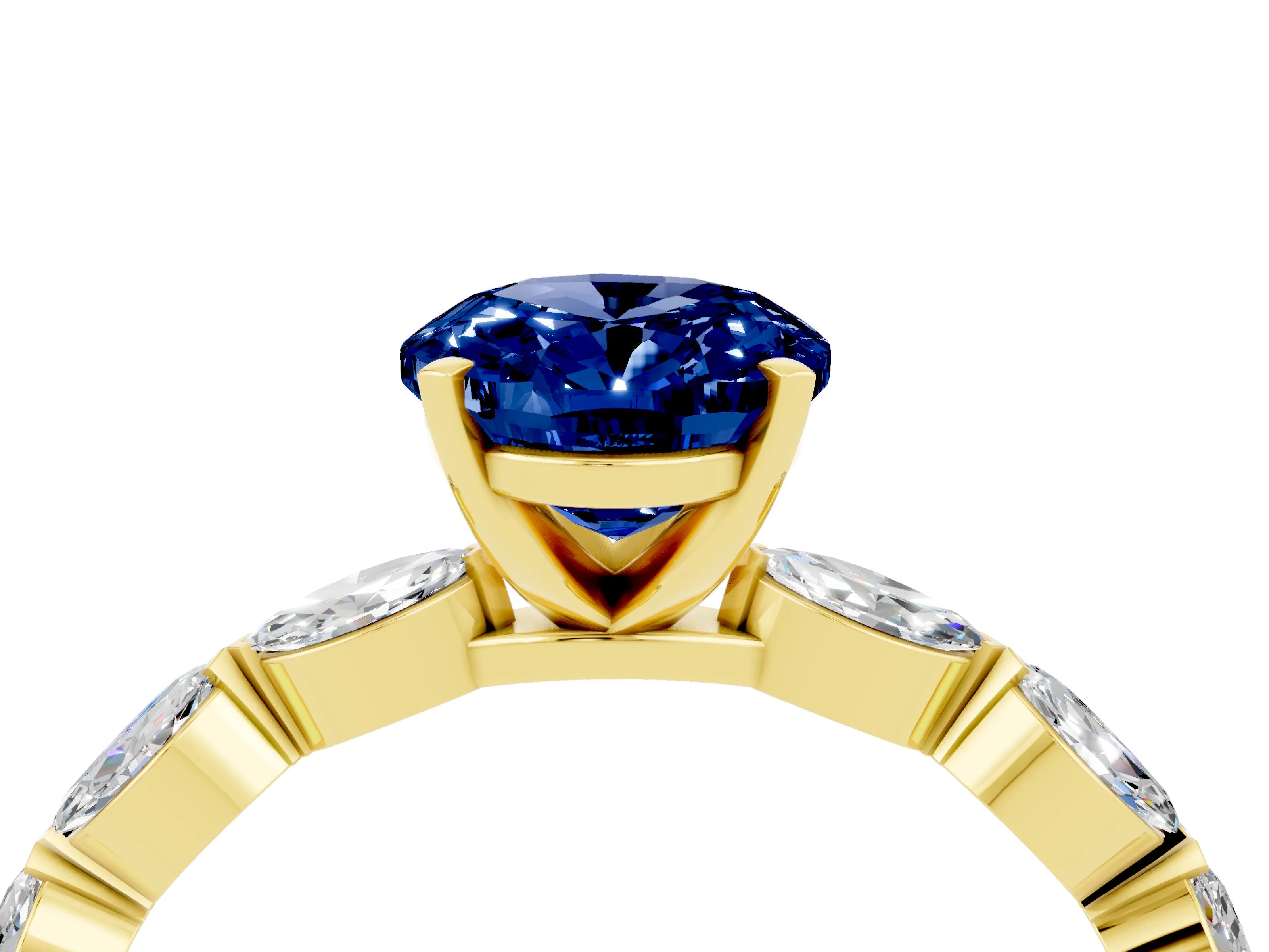 Yellow gold Oval Cut Blue Sapphire Ring with Marquise Side Stones and Prong Setting_4