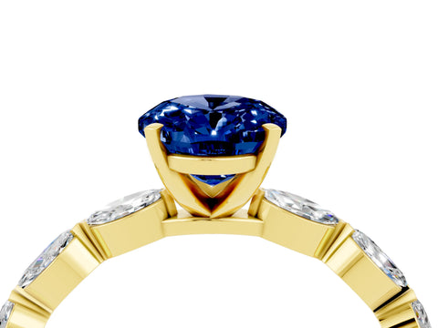 Yellow gold Oval Cut Blue Sapphire Ring with Marquise Side Stones and Prong Setting_4