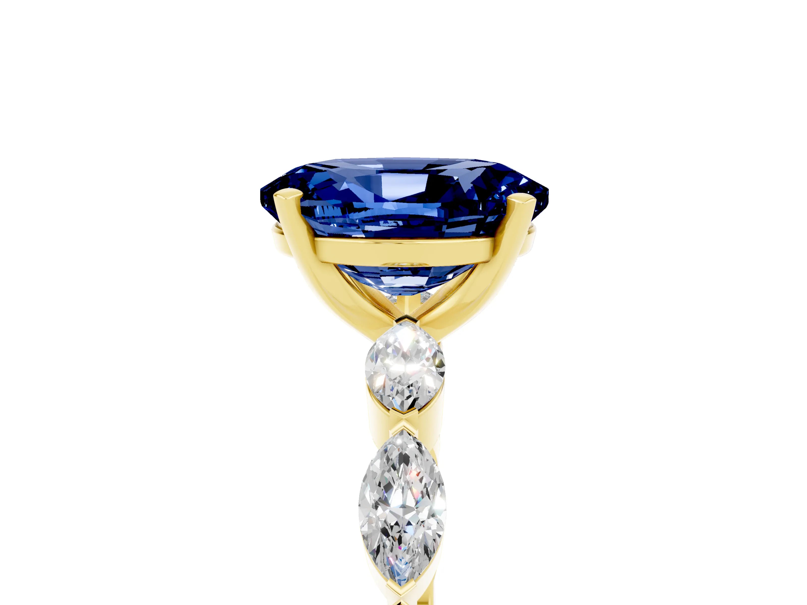 Yellow gold Oval Cut Blue Sapphire Ring with Marquise Side Stones and Prong Setting_5