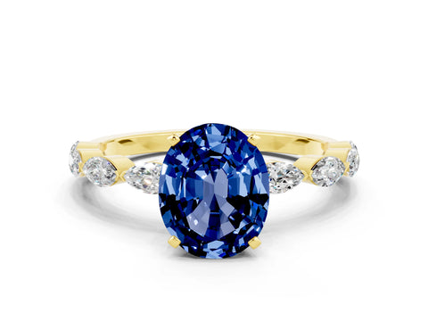 Yellow gold Oval Cut Blue Sapphire Ring with Marquise Side Stones and Prong Setting