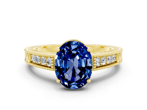 Yellow gold Oval Cut Blue Sapphire Ring with Milgrain Pavé Band and Four-Prong Setting_12