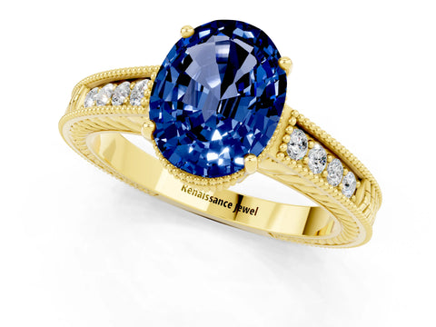Yellow gold Oval Cut Blue Sapphire Ring with Milgrain Pavé Band and Four-Prong Setting_13