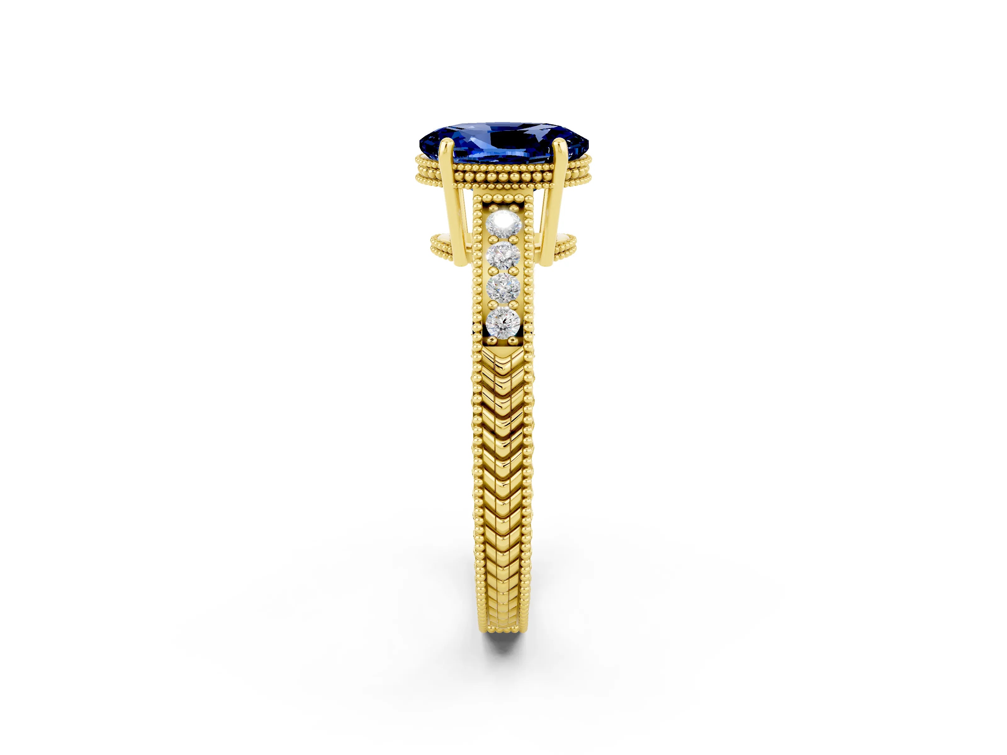 Yellow gold Oval Cut Blue Sapphire Ring with Milgrain Pavé Band and Four-Prong Setting_14