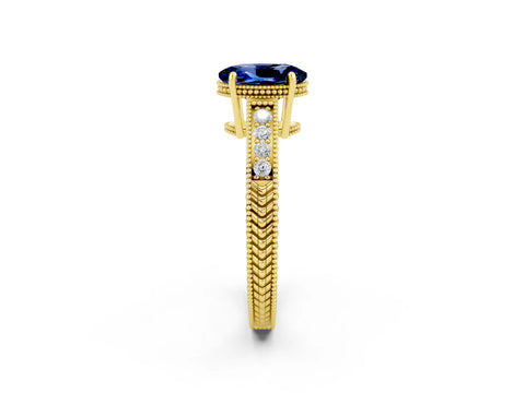 Yellow gold Oval Cut Blue Sapphire Ring with Milgrain Pavé Band and Four-Prong Setting_14