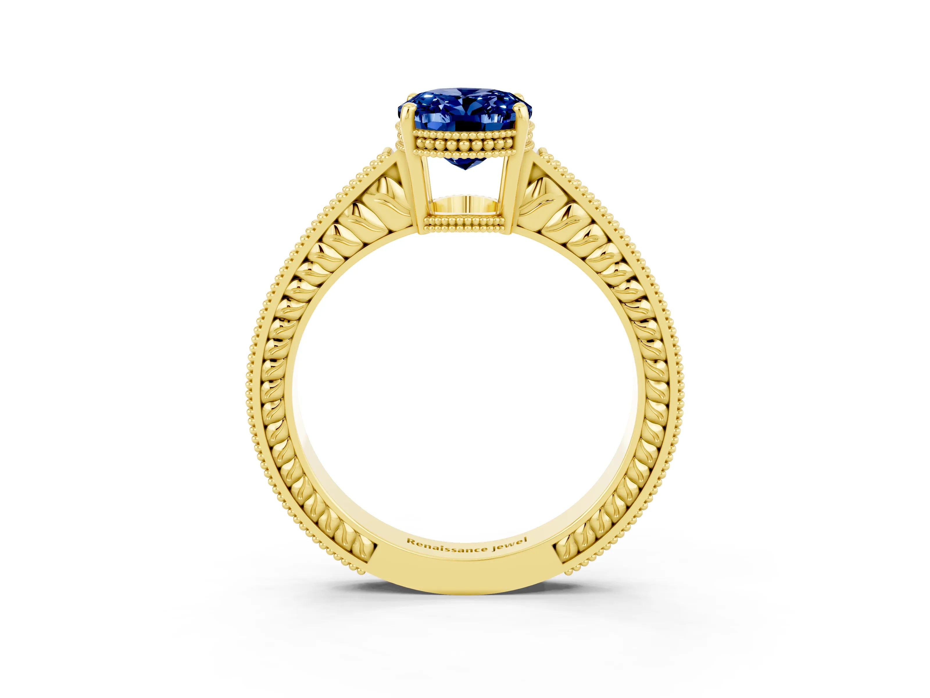 Yellow gold Oval Cut Blue Sapphire Ring with Milgrain Pavé Band and Four-Prong Setting_15