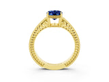 Yellow gold Oval Cut Blue Sapphire Ring with Milgrain Pavé Band and Four-Prong Setting_15