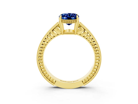 Yellow gold Oval Cut Blue Sapphire Ring with Milgrain Pavé Band and Four-Prong Setting_15