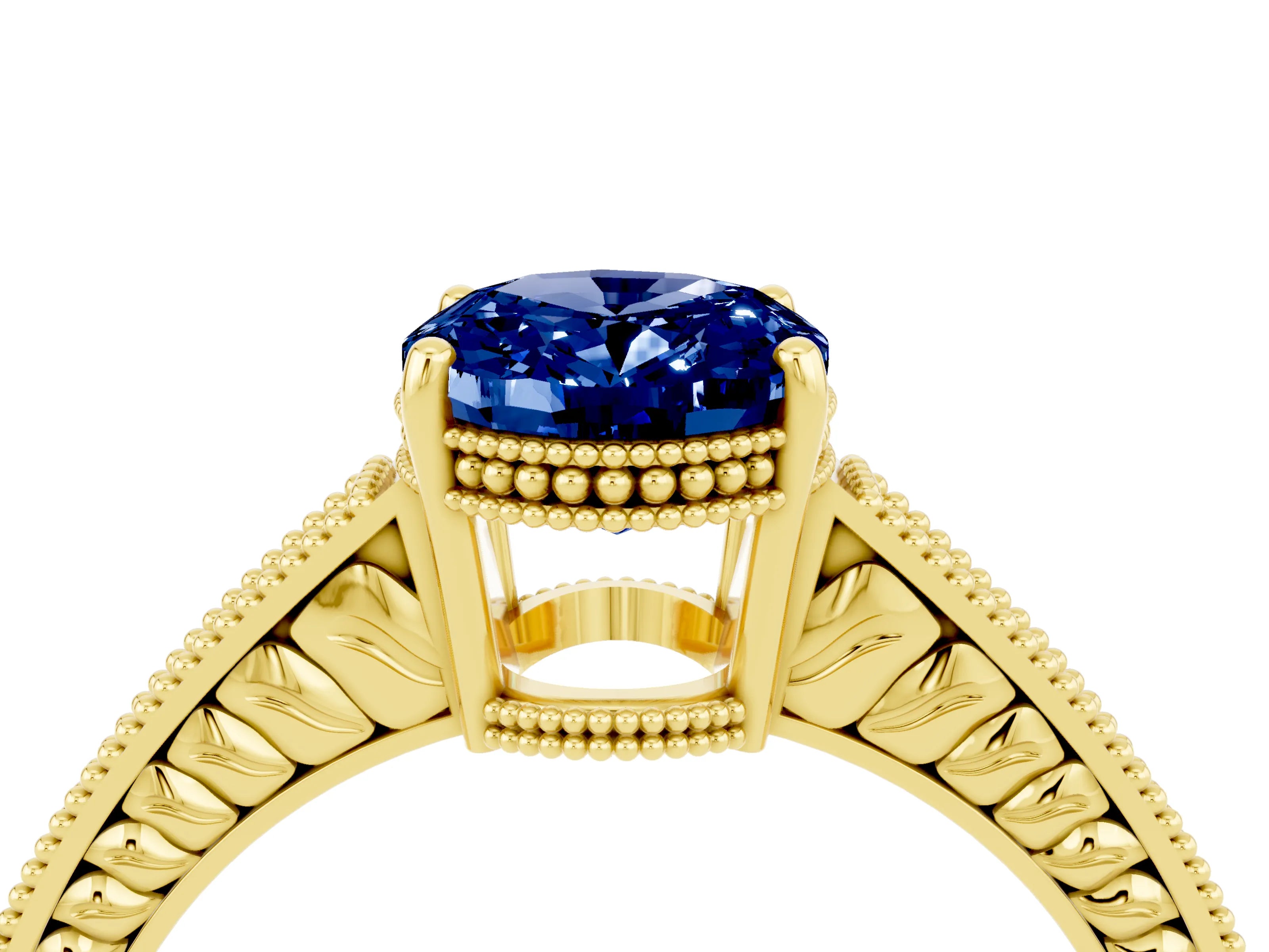 Yellow gold Oval Cut Blue Sapphire Ring with Milgrain Pavé Band and Four-Prong Setting_16