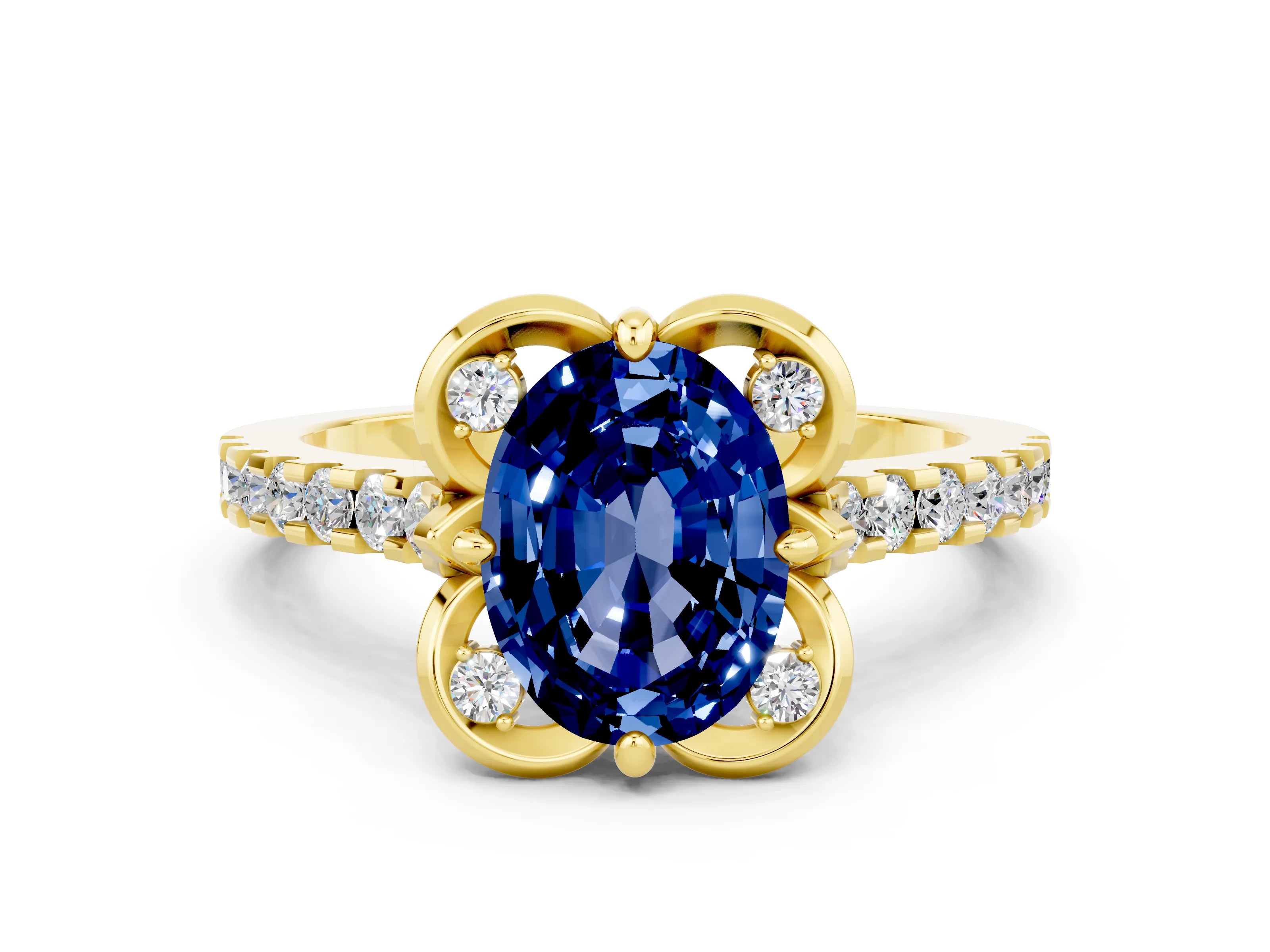 Yellow gold Oval Cut Blue Sapphire Ring with Pavé Band and Floral Prong Setting