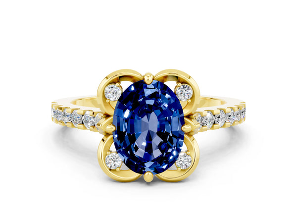 Yellow gold Oval Cut Blue Sapphire Ring with Pavé Band and Floral Prong Setting
