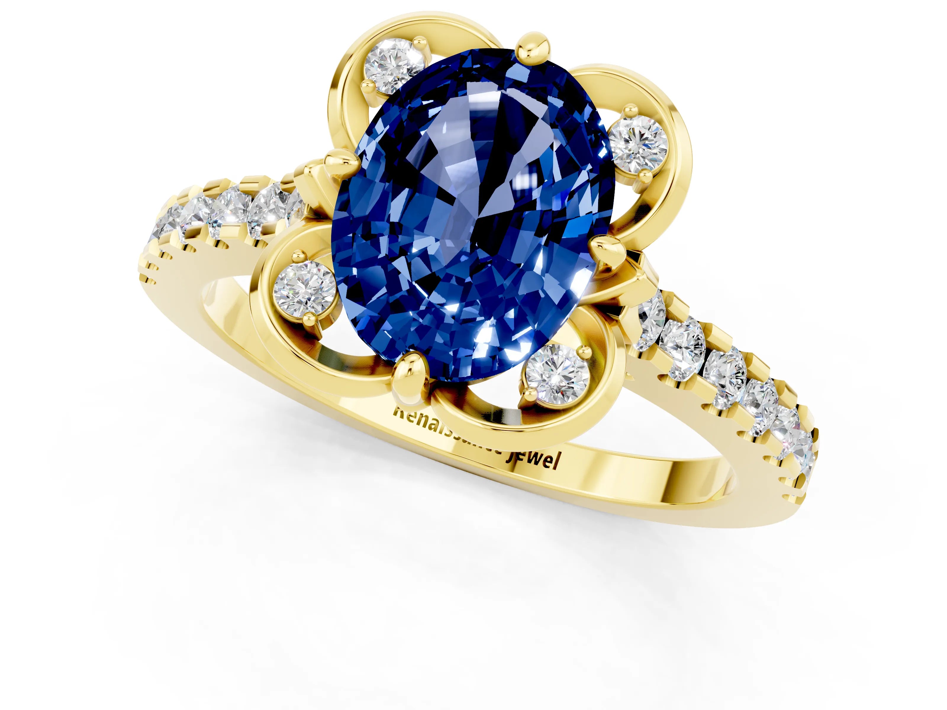 Yellow gold Oval Cut Blue Sapphire Ring with Pavé Band and Floral Prong Setting_1