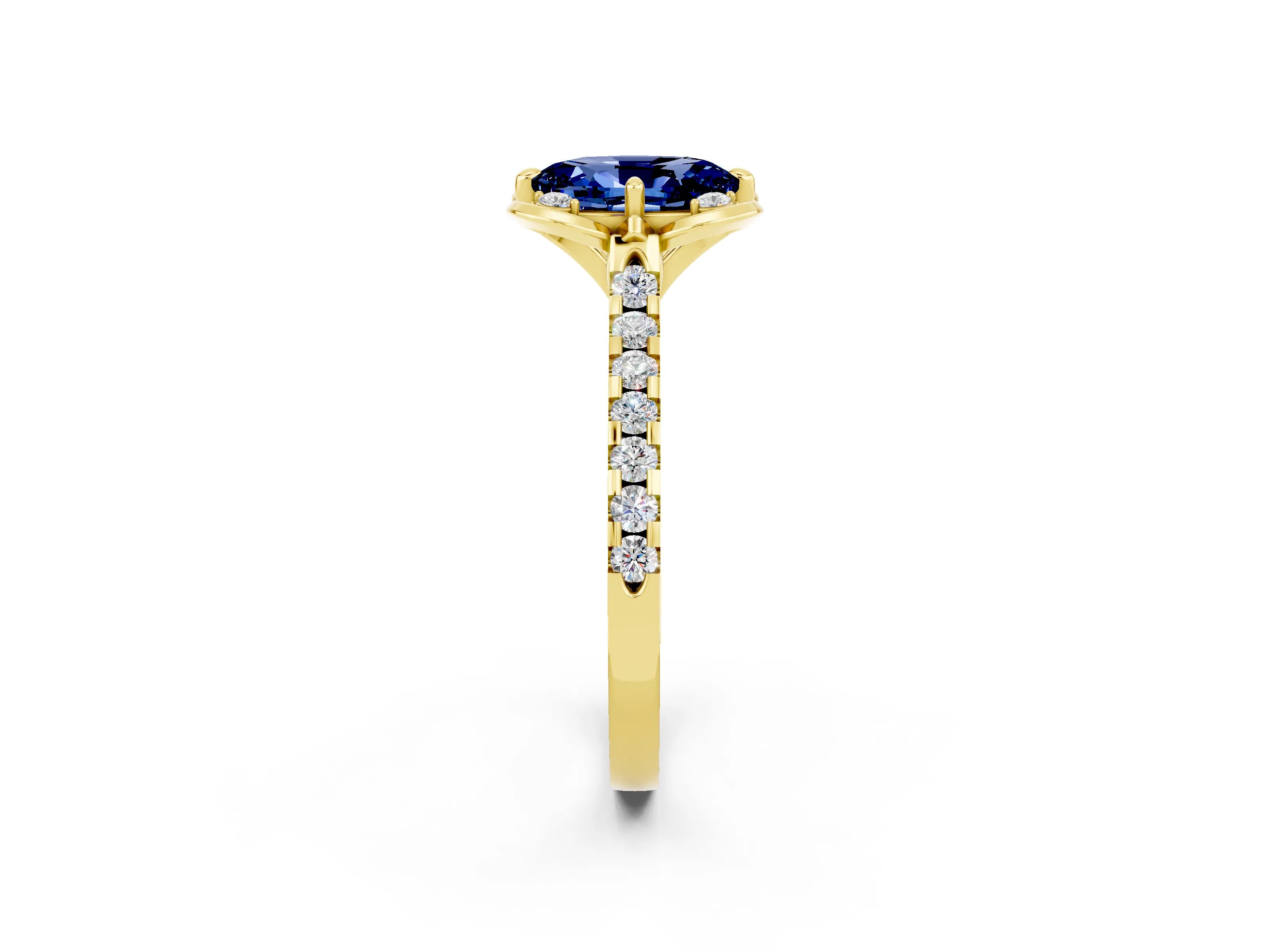 Yellow gold Oval Cut Blue Sapphire Ring with Pavé Band and Floral Prong Setting_2