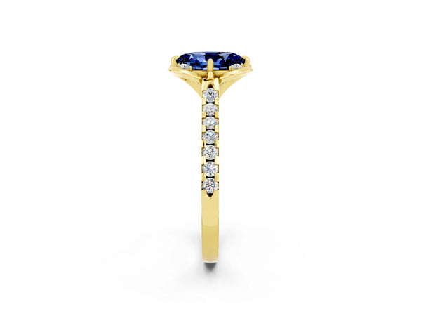 Yellow gold Oval Cut Blue Sapphire Ring with Pavé Band and Floral Prong Setting