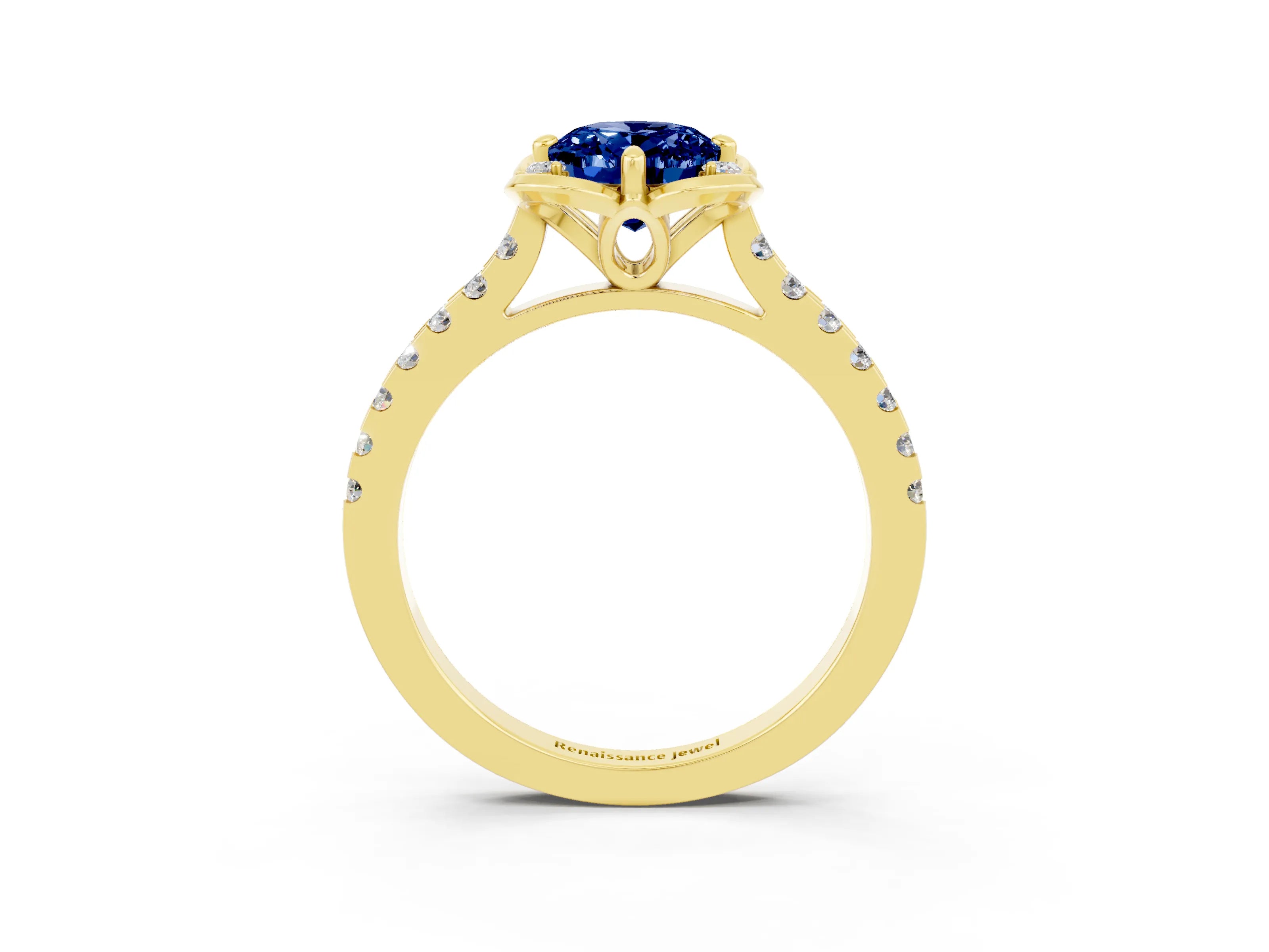 Yellow gold Oval Cut Blue Sapphire Ring with Pavé Band and Floral Prong Setting_3