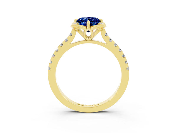 Yellow gold Oval Cut Blue Sapphire Ring with Pavé Band and Floral Prong Setting