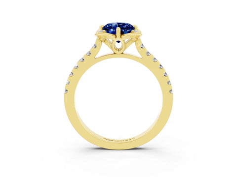 Yellow gold Oval Cut Blue Sapphire Ring with Pavé Band and Floral Prong Setting_3