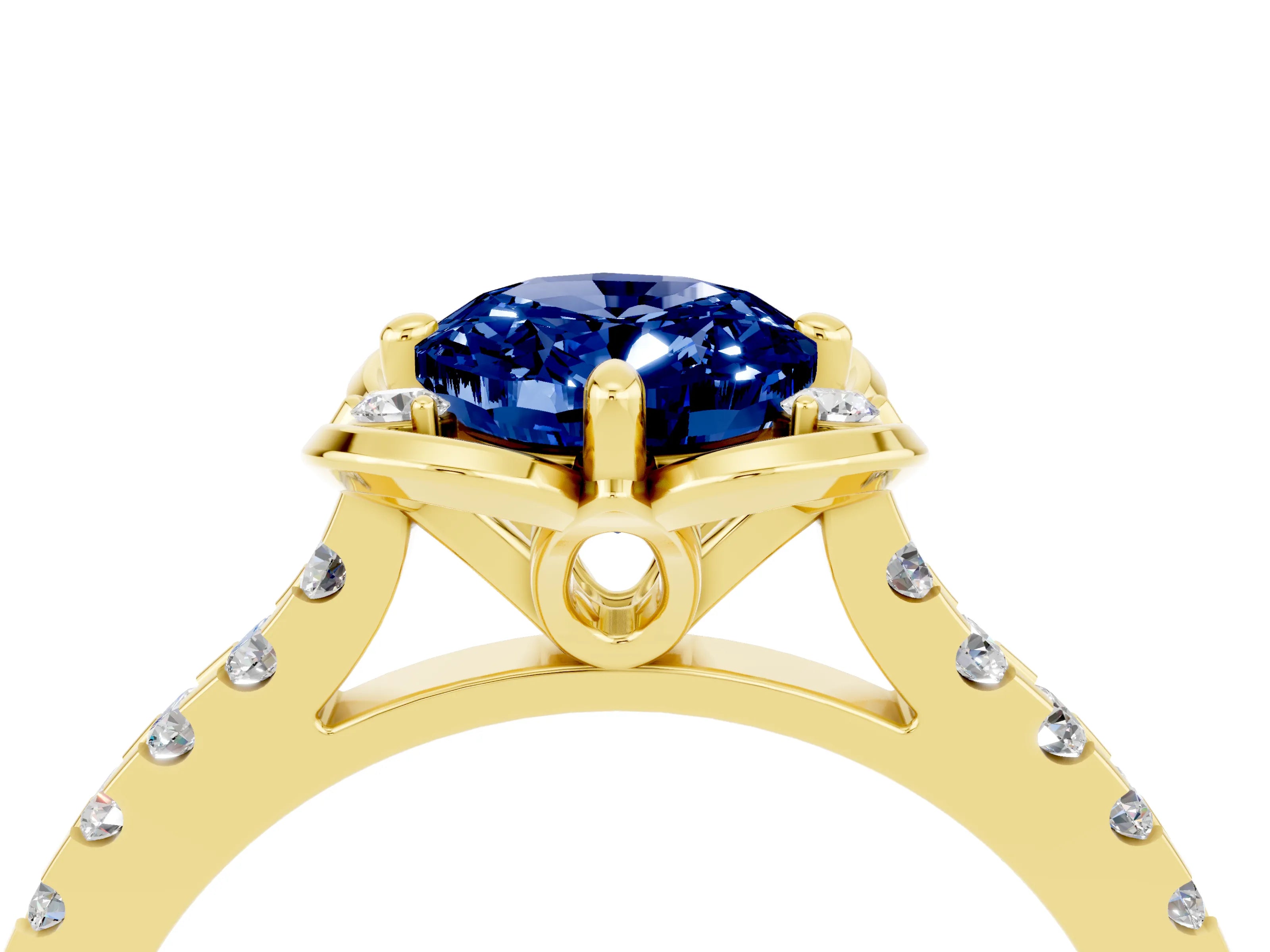 Yellow gold Oval Cut Blue Sapphire Ring with Pavé Band and Floral Prong Setting_4