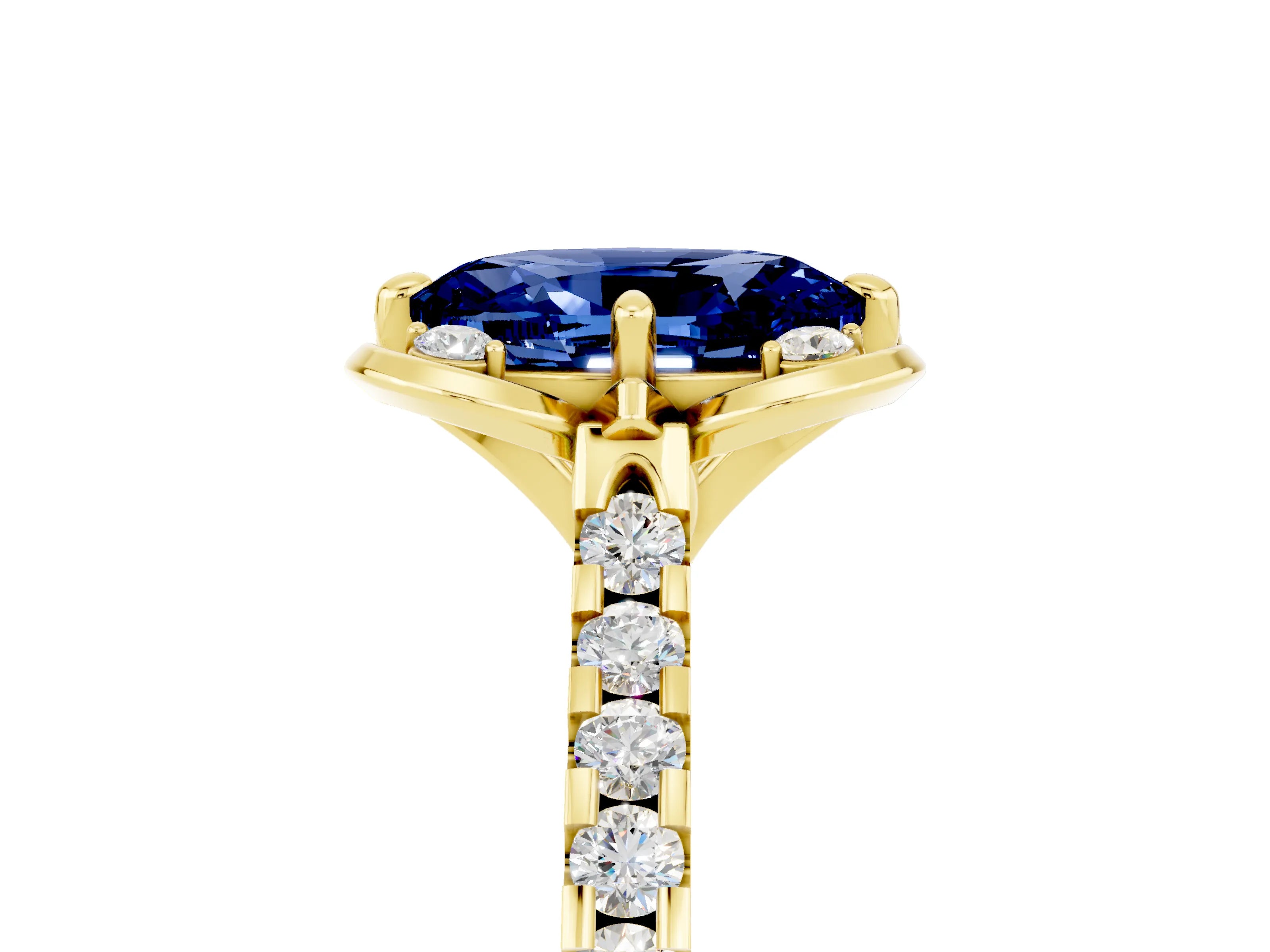 Yellow gold Oval Cut Blue Sapphire Ring with Pavé Band and Floral Prong Setting_5
