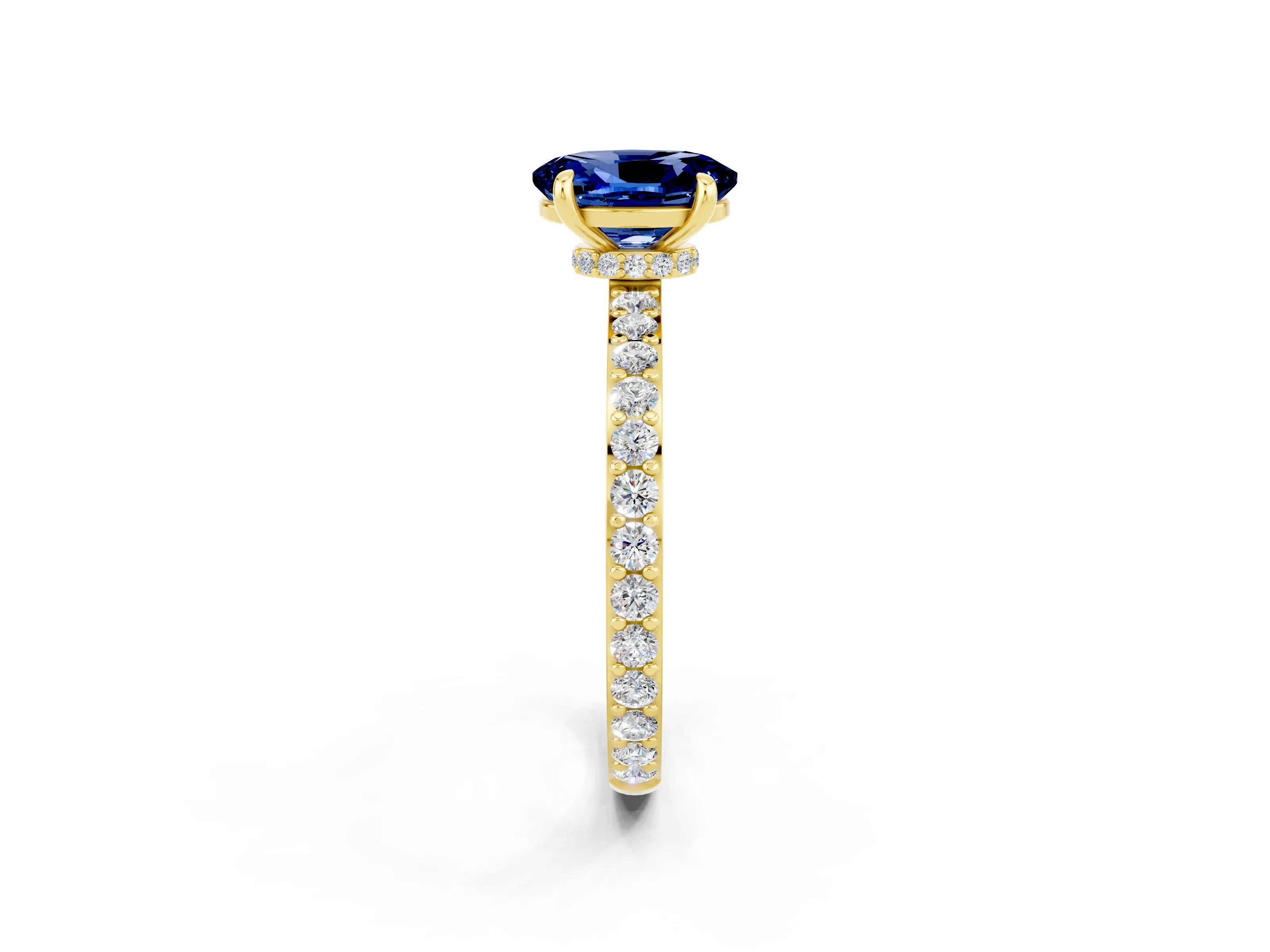 Yellow gold Oval Cut Blue Sapphire Ring with Pavé Band and Four-Prong Setting_2