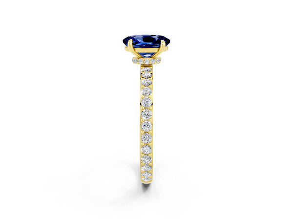 Yellow gold Oval Cut Blue Sapphire Pavé Engagement Ring with Round  Accents and Prong Setting