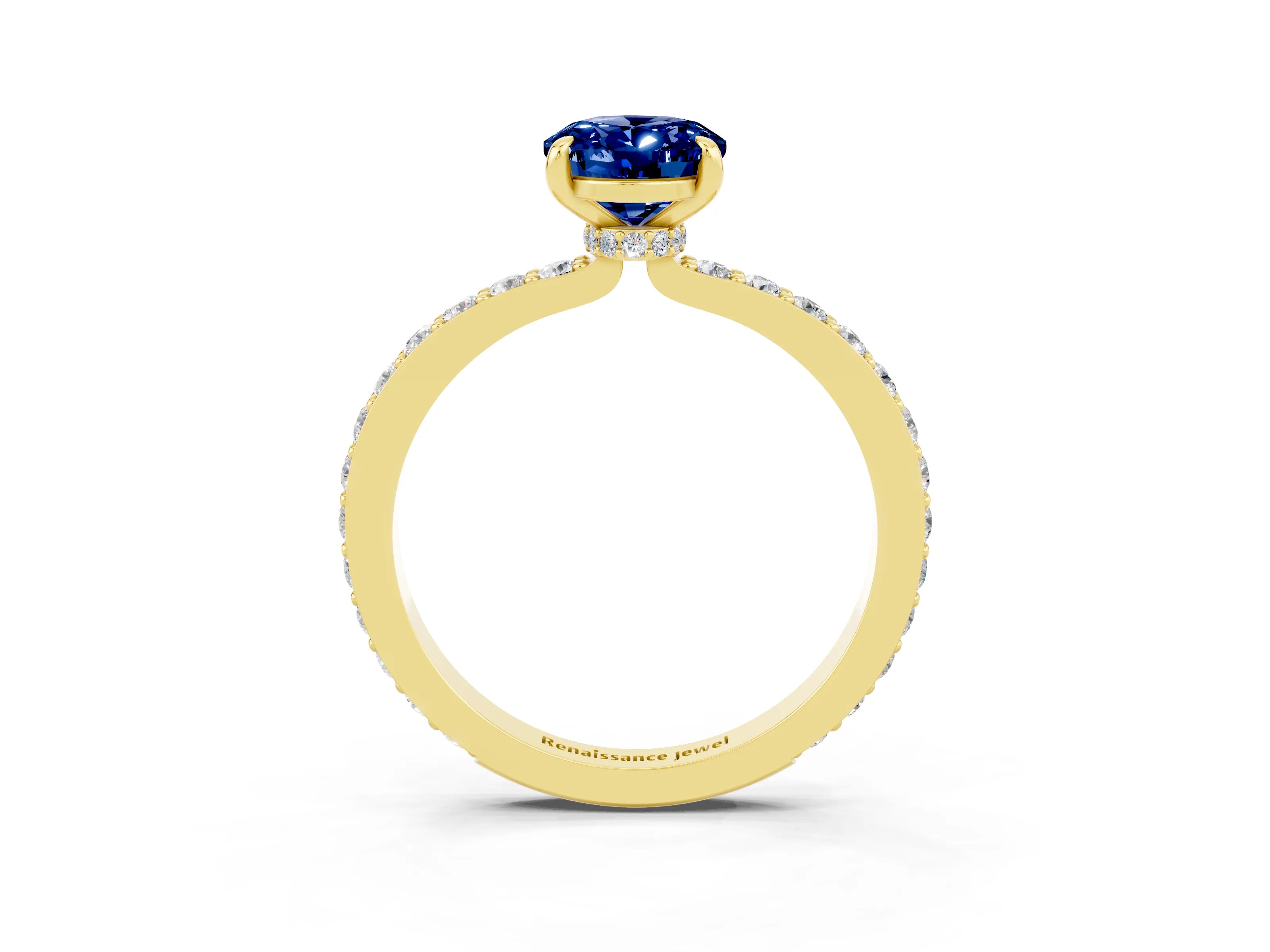 Yellow gold Oval Cut Blue Sapphire Ring with Pavé Band and Four-Prong Setting_3