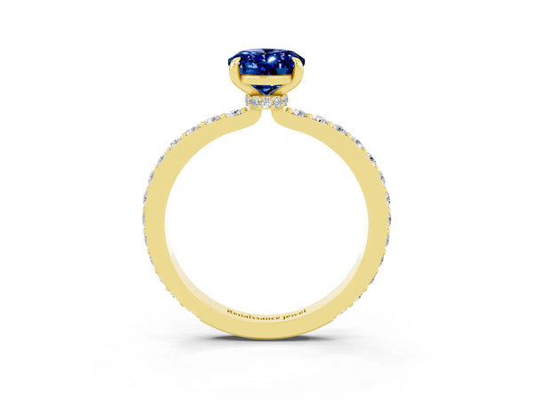 Yellow gold Oval Cut Blue Sapphire Pavé Engagement Ring with Round  Accents and Prong Setting