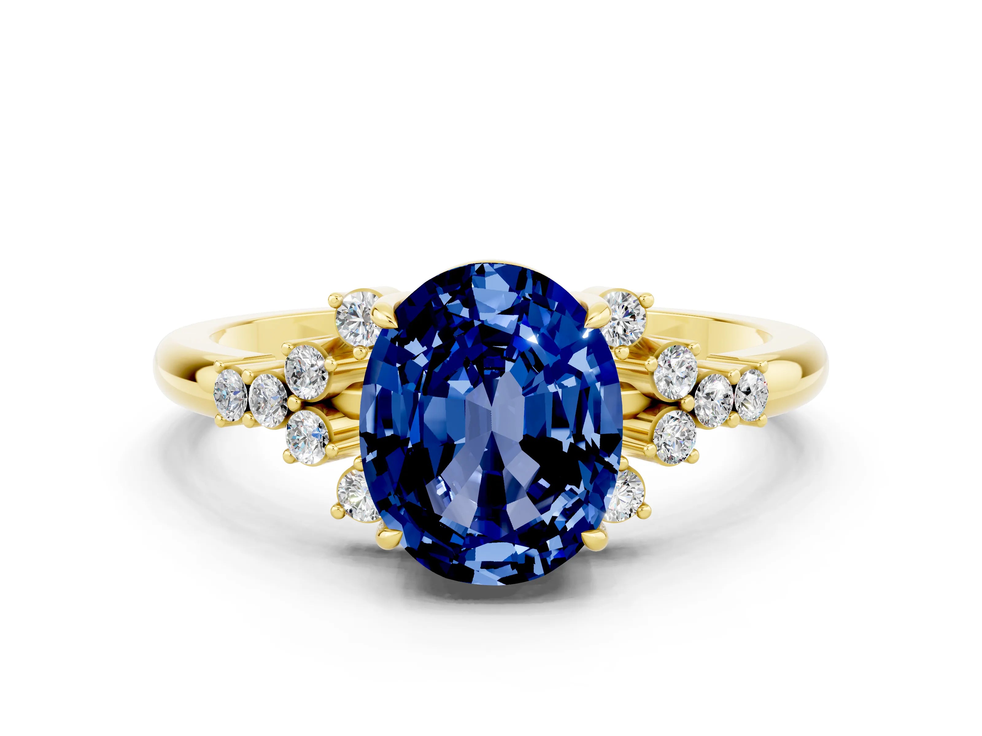 Yellow gold Oval Cut Blue Sapphire Ring with Side Stones and Four-Prong Setting_72