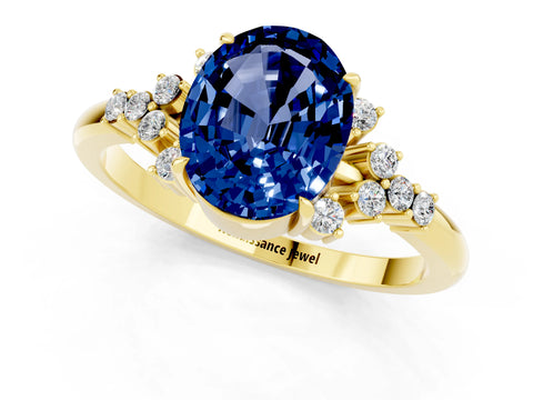 Yellow gold Oval Cut Blue Sapphire Ring with Side Stones and Four-Prong Setting_73