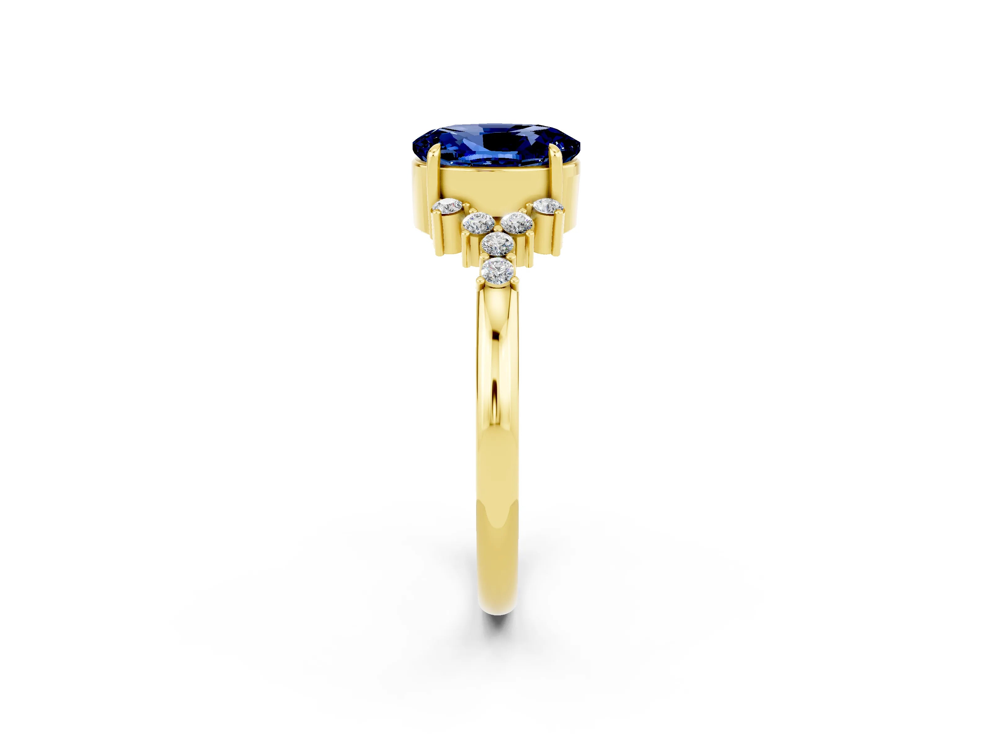 Yellow gold Oval Cut Blue Sapphire Ring with Side Stones and Four-Prong Setting_74
