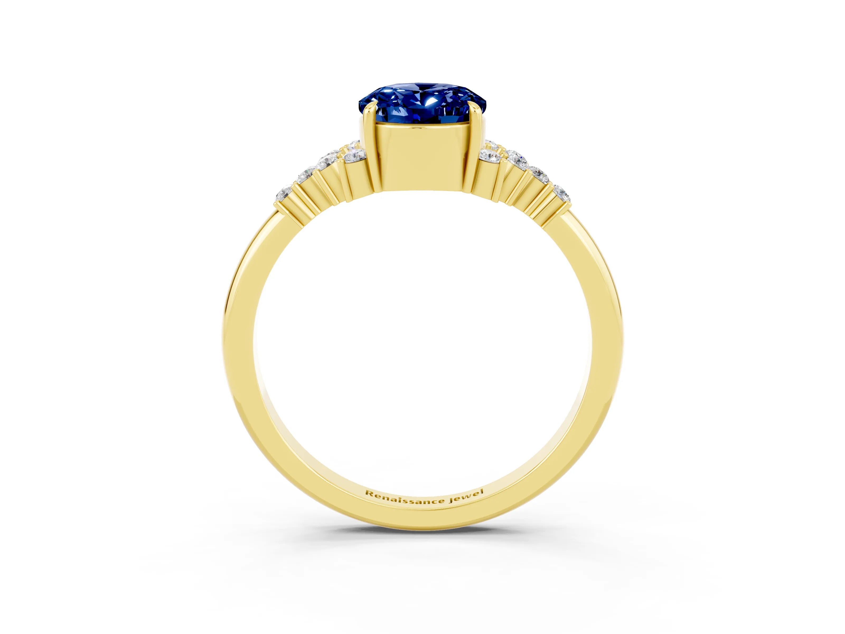 Yellow gold Oval Cut Blue Sapphire Ring with Side Stones and Four-Prong Setting_75