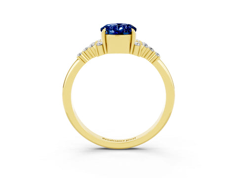 Yellow gold Oval Cut Blue Sapphire Ring with Side Stones and Four-Prong Setting_75