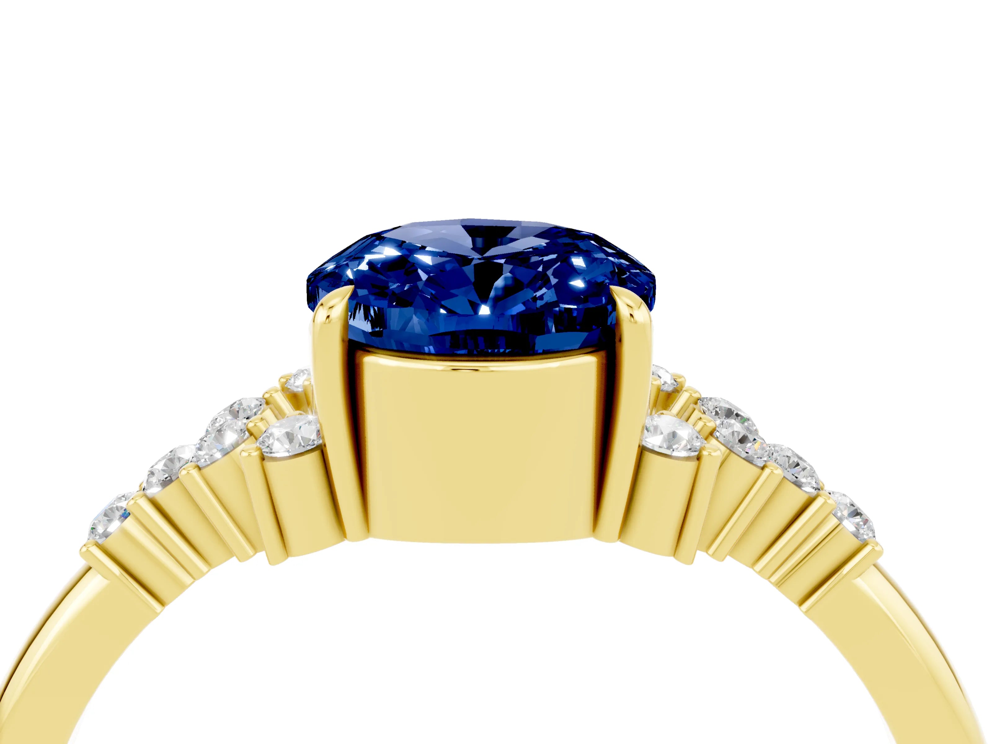 Yellow gold Oval Cut Blue Sapphire Ring with Side Stones and Four-Prong Setting_76
