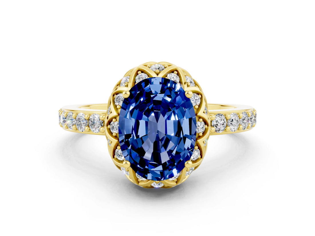 Yellow gold Oval Cut Blue Sapphire Scalloped Halo Engagement Ring with Round Shared Prong Band_12