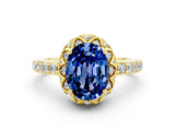 Yellow gold Oval Cut Blue Sapphire Scalloped Halo Engagement Ring with Round Shared Prong Band_12