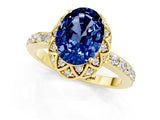 Yellow gold Oval Cut Blue Sapphire Scalloped Halo Engagement Ring with Round Shared Prong Band_13