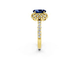 Yellow gold Oval Cut Blue Sapphire Scalloped Halo Engagement Ring with Round Shared Prong Band_14