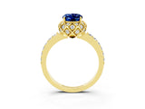 Yellow gold Oval Cut Blue Sapphire Scalloped Halo Engagement Ring with Round Shared Prong Band_15
