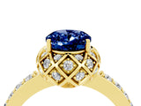 Yellow gold Oval Cut Blue Sapphire Scalloped Halo Engagement Ring with Round Shared Prong Band_16