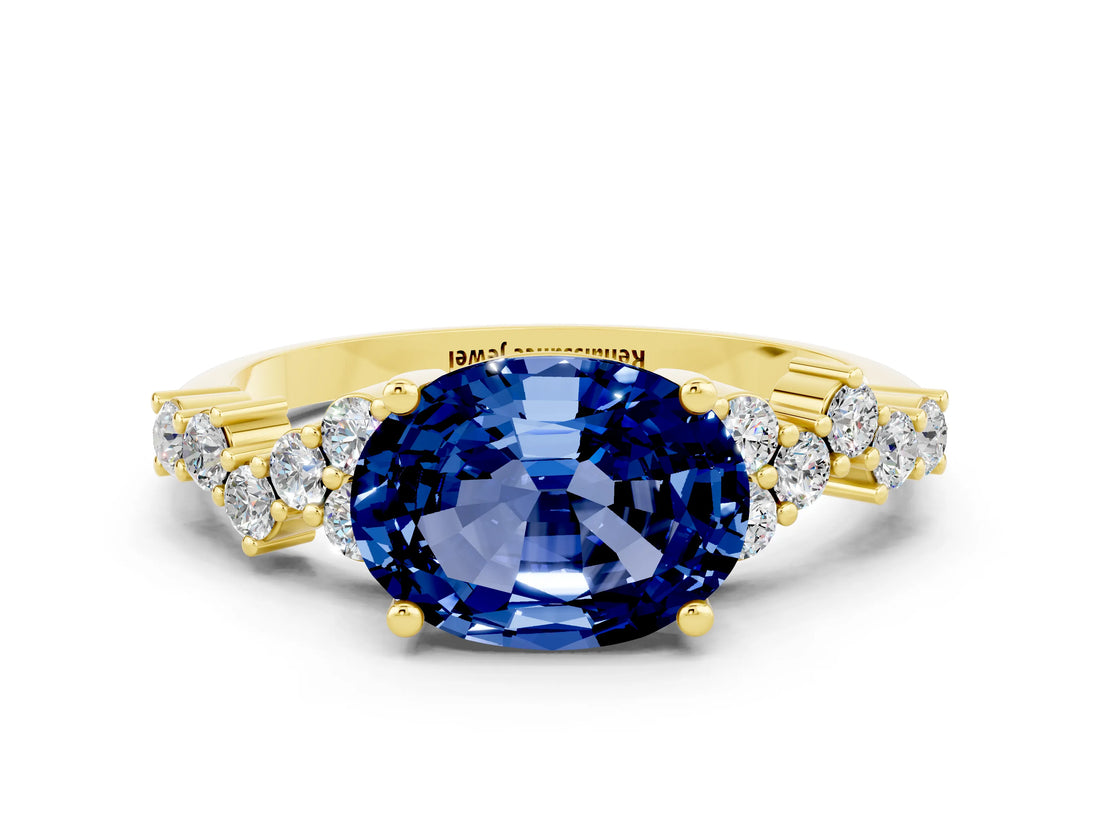 Yellow gold Oval Cut Blue Sapphire Scattered Round Accent Ring with Prong Setting_12