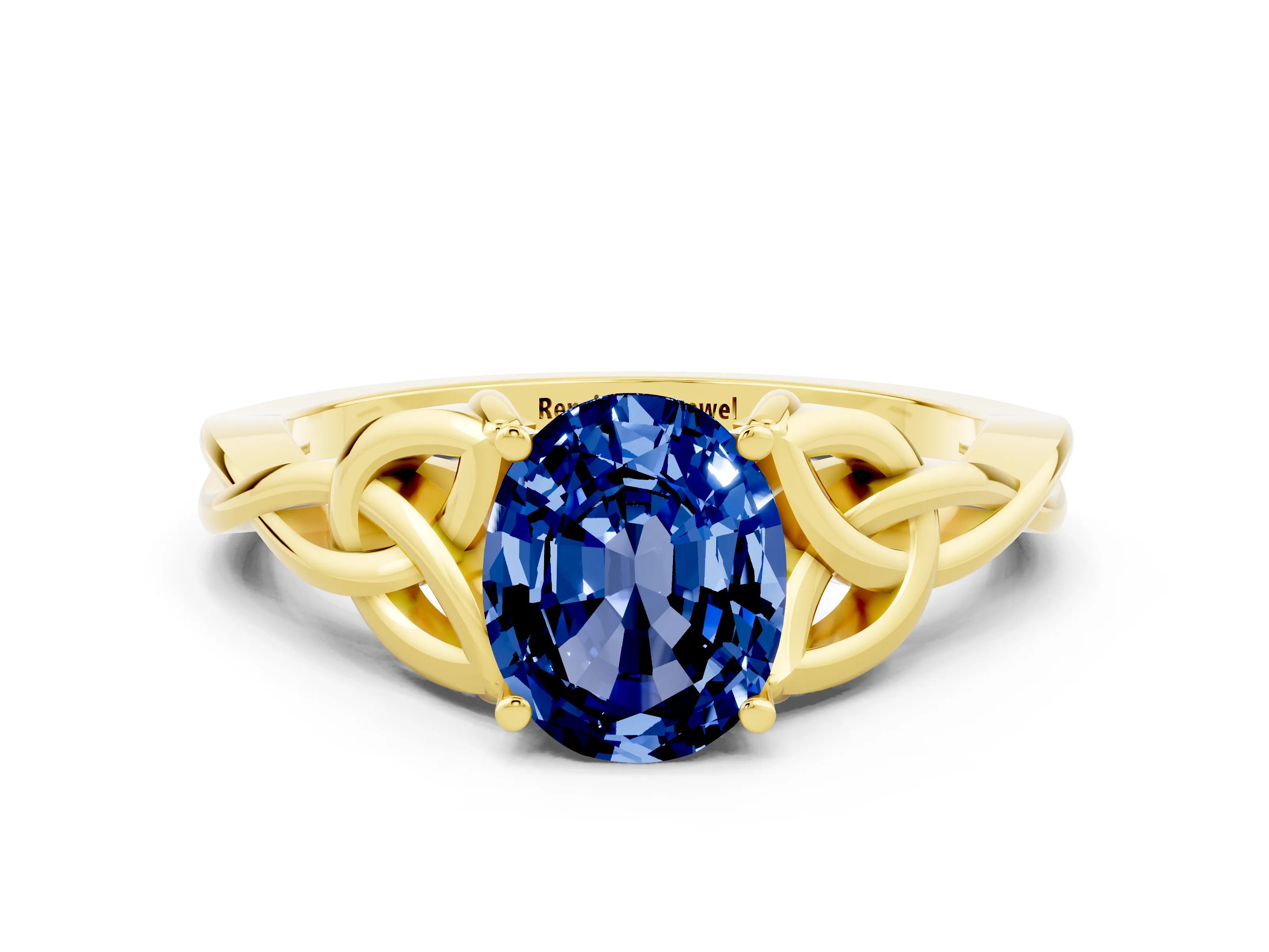 Yellow gold Oval Cut Blue Sapphire Solitaire Celtic Knot Ring with Four-Prong Setting_12