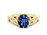Yellow gold Oval Cut Blue Sapphire Solitaire Celtic Knot Ring with Four-Prong Setting_12