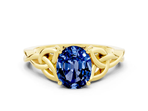 Yellow gold Oval Cut Blue Sapphire Solitaire Celtic Knot Ring with Four-Prong Setting_12